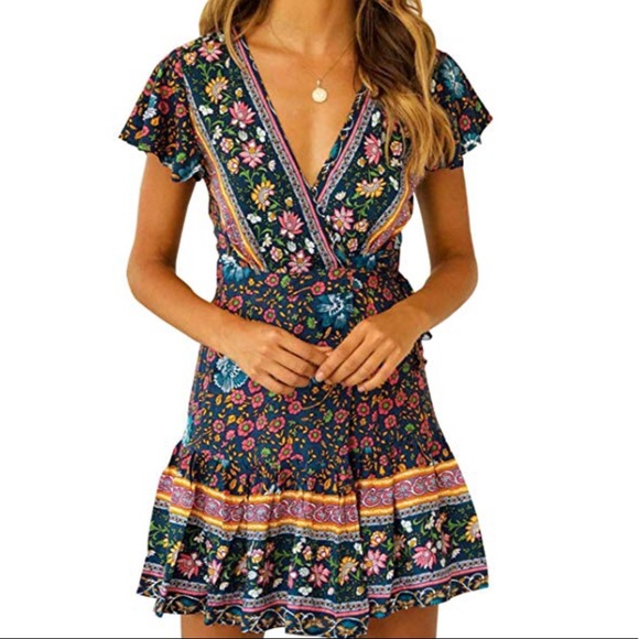 🏆Boho Floral Deep V Midi Dress - Picture 2 of 8